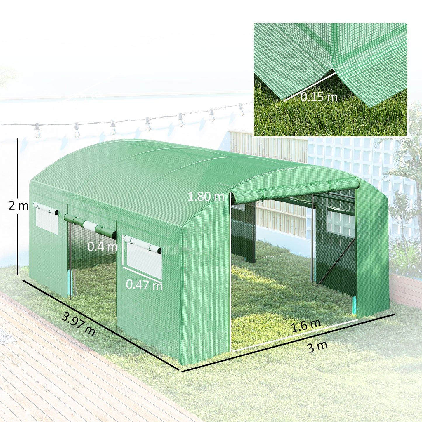 13 x 9.8ft Walk-In Polytunnel Greenhouse - Green