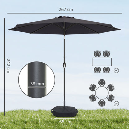 2.7 m Garden Parasol Umbrella with Cross Base and Sandbag, Retractable Ribs, Outdoor Table Market Umbrella, Black
