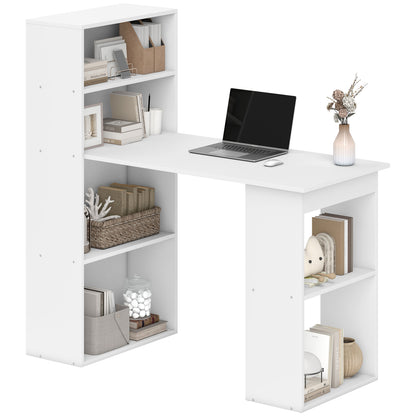 120cm Computer Desk, Wooden PC Laptop Table with 6-Tier Storage Bookshelves, Home Office Working Study Desk