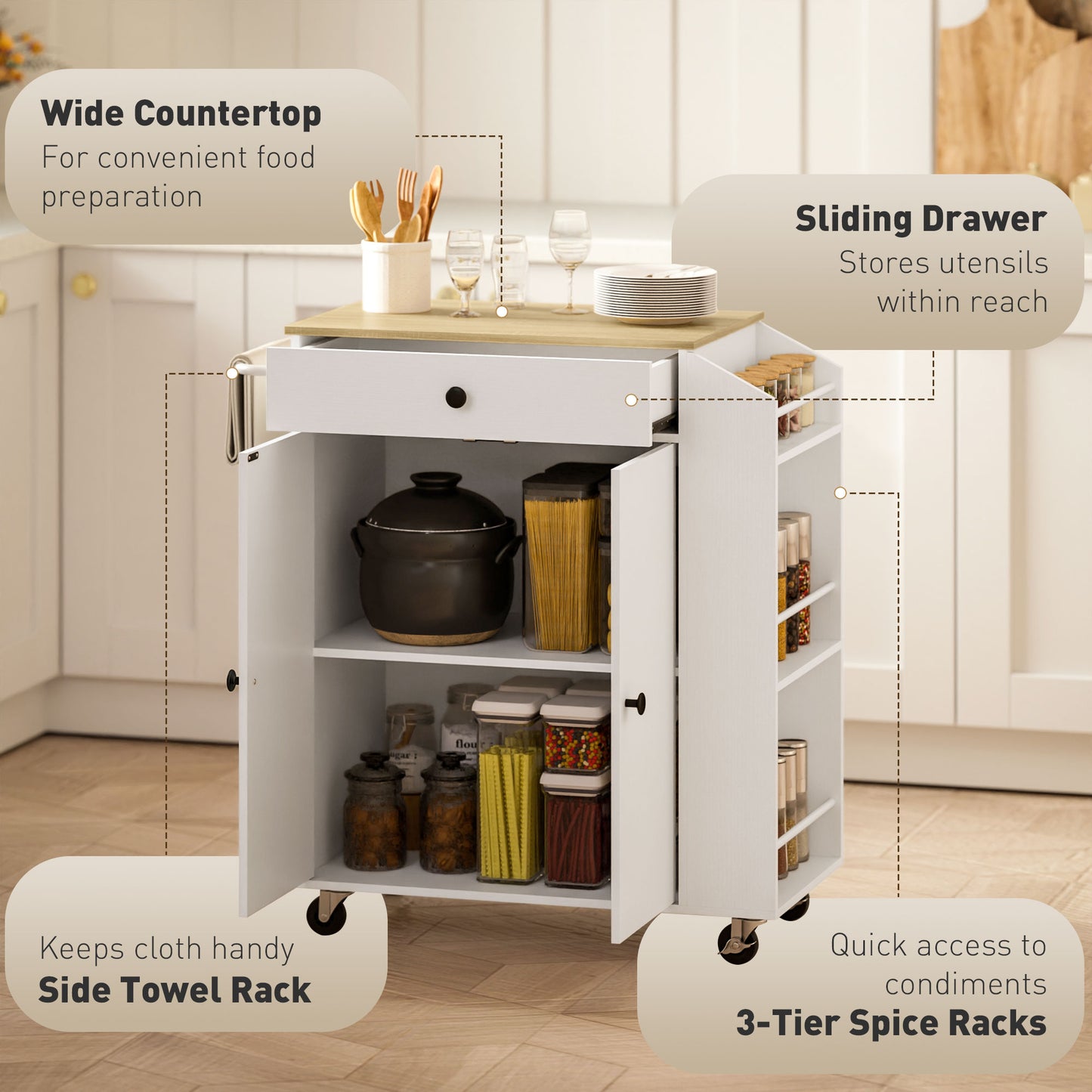 Rolling Kitchen Island with 3-Tier Spice Rack, Kitchen Storage Cart with Drawer and Towel Rack, White