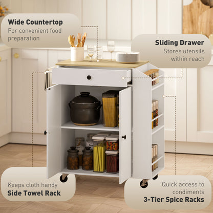 Rolling Kitchen Island with 3-Tier Spice Rack, Kitchen Storage Cart with Drawer and Towel Rack, White