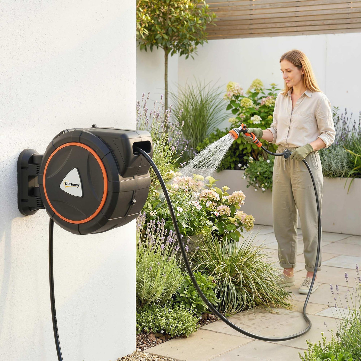 25m Retractable Hose Reel Wall Mounted with Auto Retraction, Self-Locking, Slow Return System, 12-Pattern Nozzles