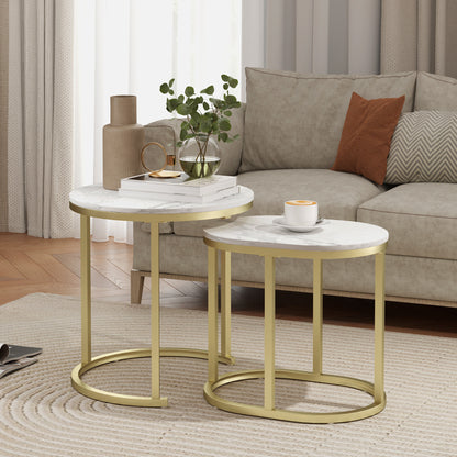 Nest of Tables with Steel Frame and Faux Marble Tabletop, Modern Coffee Table Set of 2, Gold Tone/White
