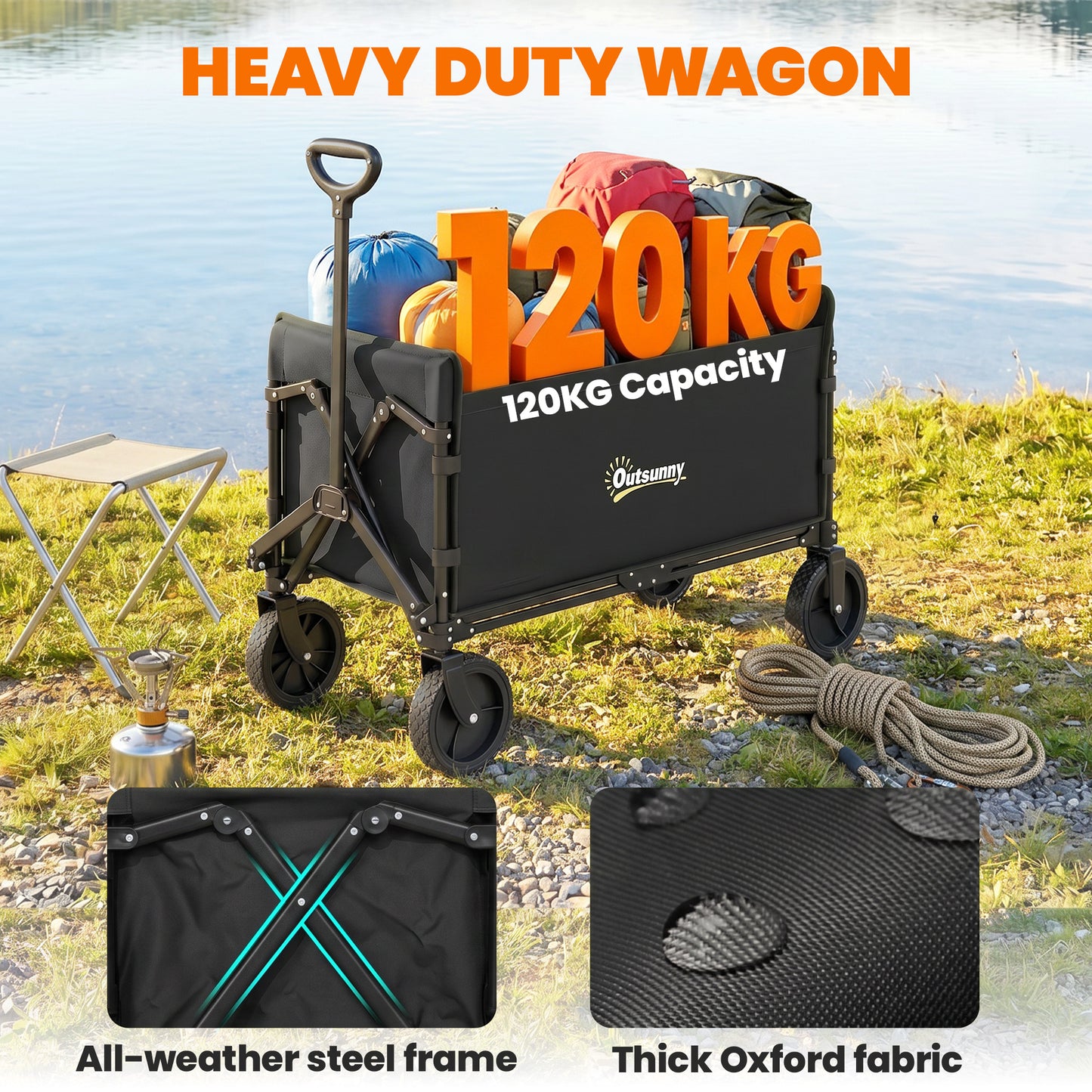 180L Festival Trolley on Wheels, Folding Compact Camping Trolley Cart with Adjustable Handle, 120 KG Capacity for Garden