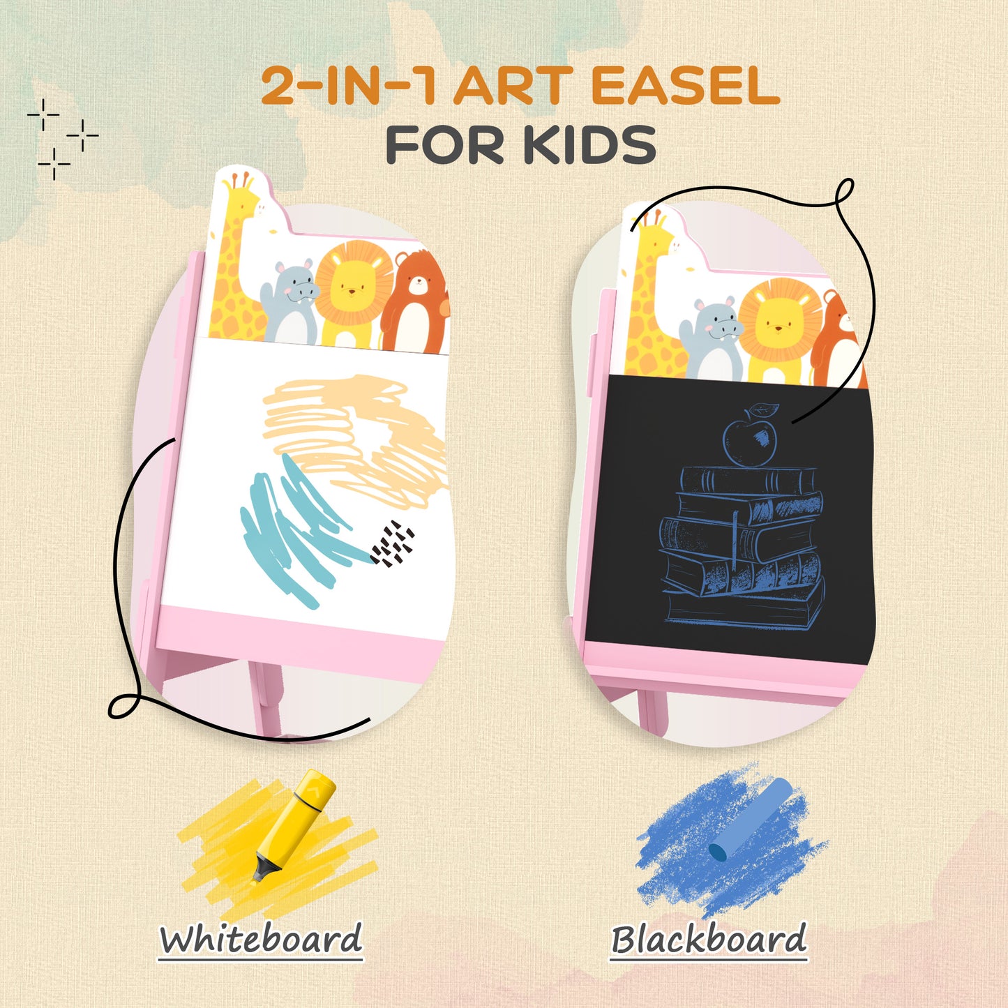 2 in 1 Kids Easel with Whiteboard, Chalkboard, Storage Boxes, for Ages 3-8 Years, Pink