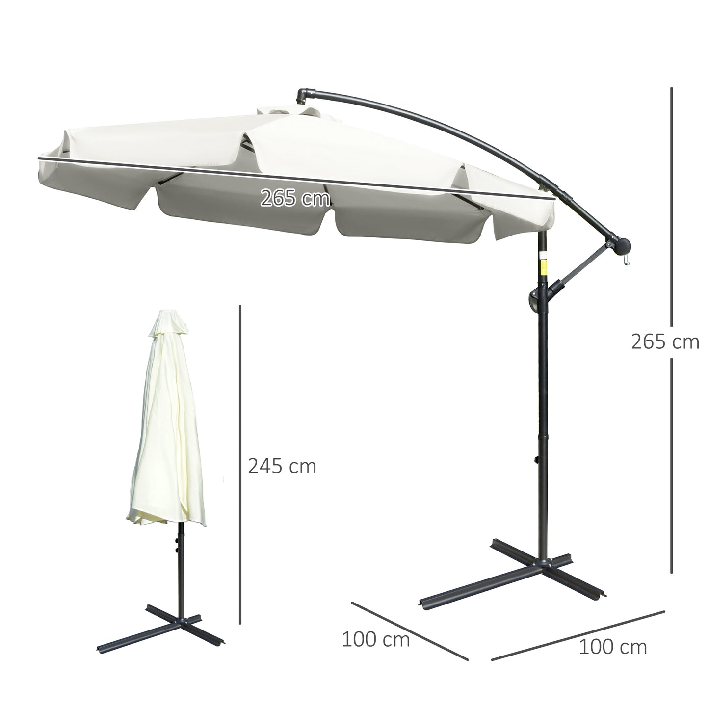2.7m Garden Banana Parasol Cantilever Umbrella with Crank Handle and Cross Base for Outdoor, Hanging Sun Shade, Cream White