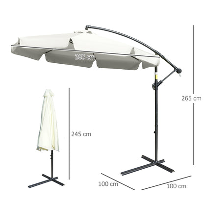 2.7m Garden Banana Parasol Cantilever Umbrella with Crank Handle and Cross Base for Outdoor, Hanging Sun Shade, Cream White