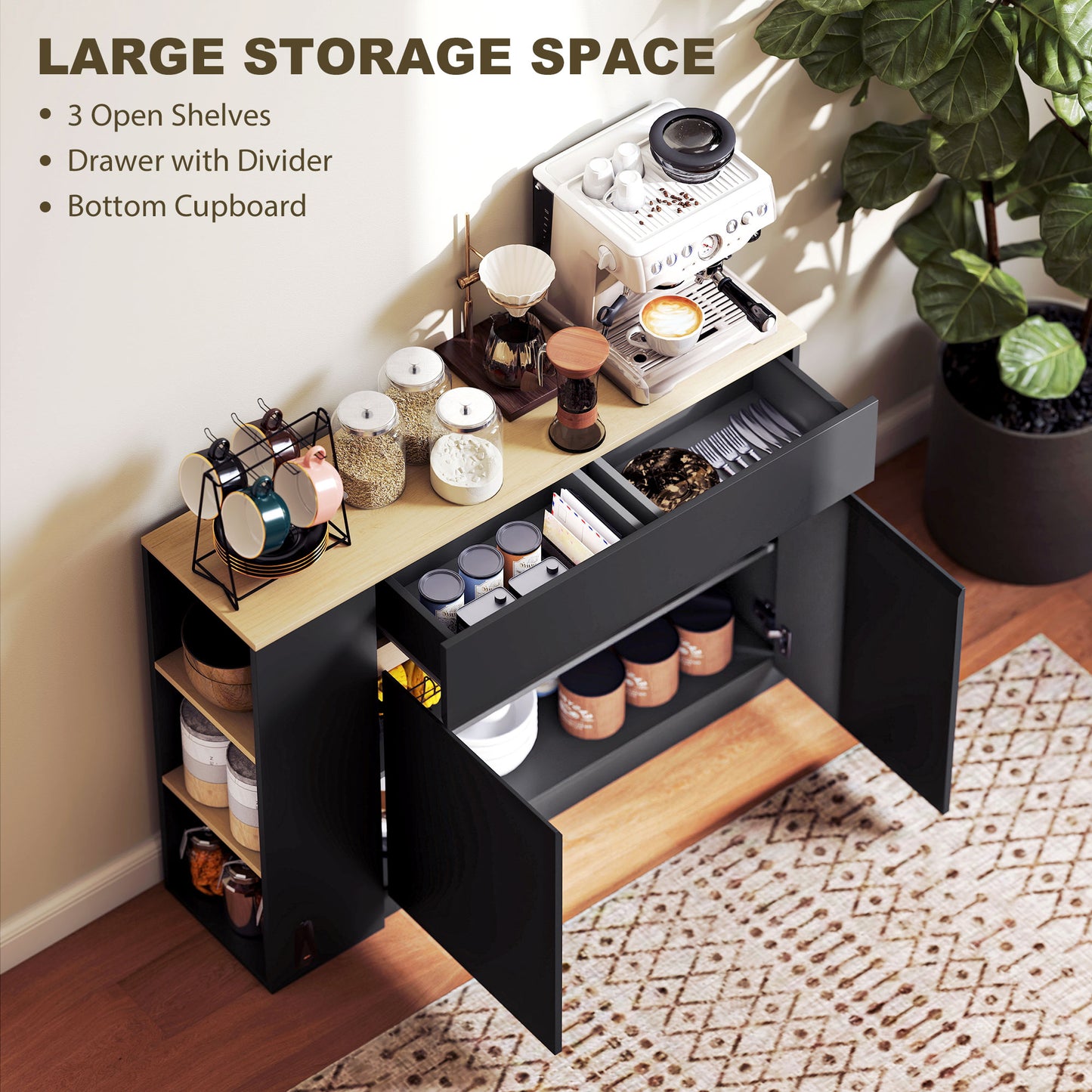 Kitchen Island, Storage Cabinet with Adjustable Shelf, 2 Drawers, 3 Open Shelves, Black