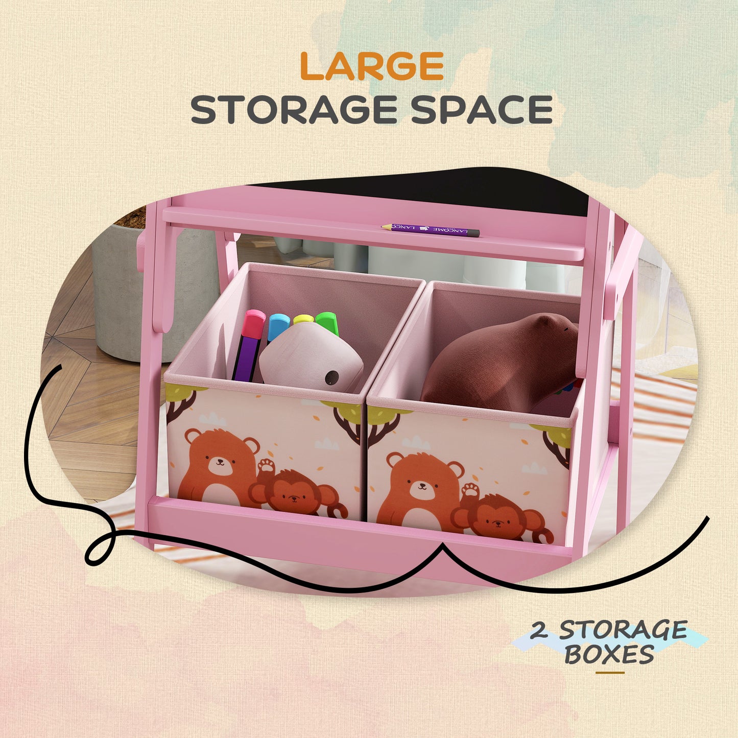 2 in 1 Kids Easel with Whiteboard, Chalkboard, Storage Boxes, for Ages 3-8 Years, Pink
