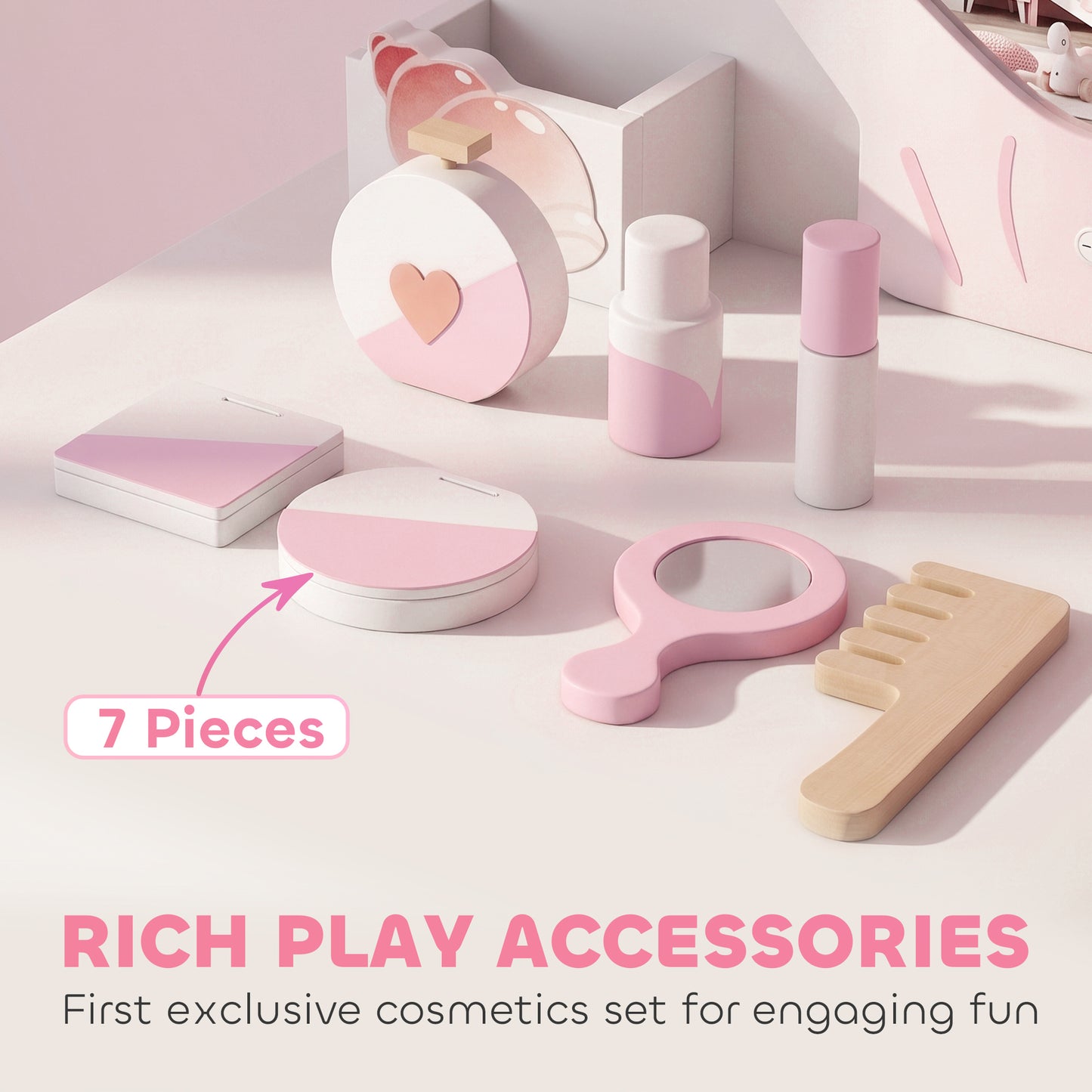 Kids Vanity Set, Kids Dressing Table with Chair, Acrylic Mirror, Lighted Bulbs, 7-Piece Accessories, for 3-8 Years, Pink