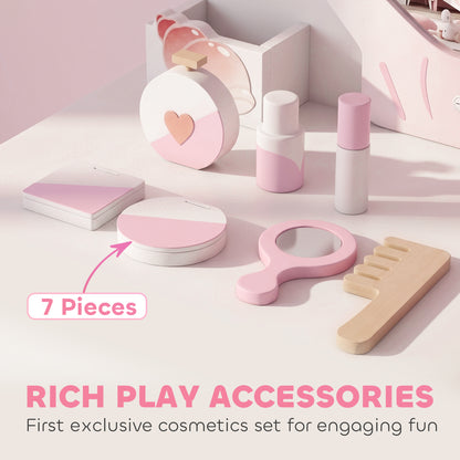 Kids Vanity Set, Kids Dressing Table with Chair, Acrylic Mirror, Lighted Bulbs, 7-Piece Accessories, for 3-8 Years, Pink