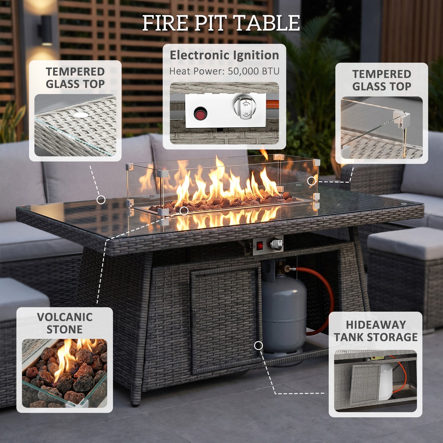 Seven-Piece Firepit Table Rattan Sofa Set - Grey