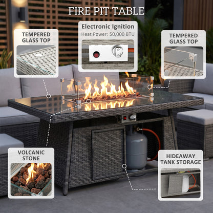 Seven-Piece Firepit Table Rattan Sofa Set - Grey