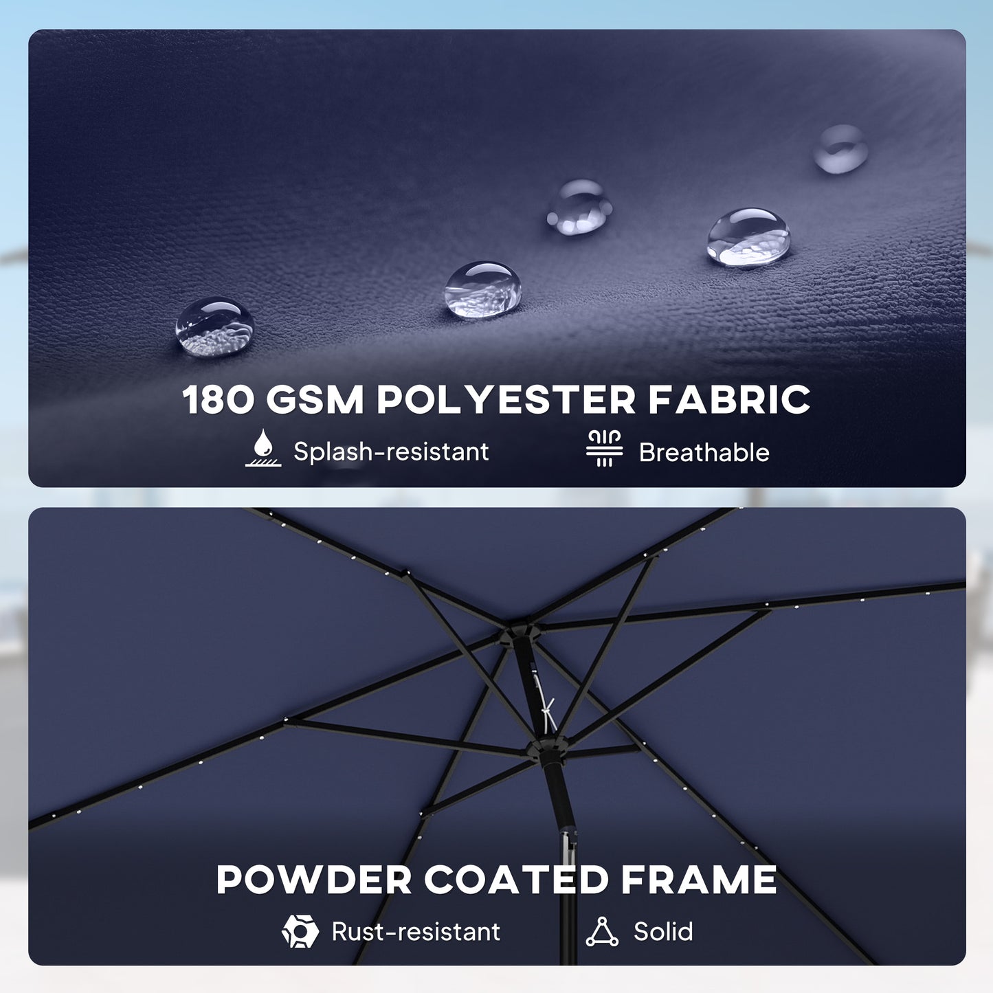 3 x 2 m Garden Parasol Umbrella with LED Solar Light, Parasol Cover, Outdoor Market Patio Umbrella, Navy Blue