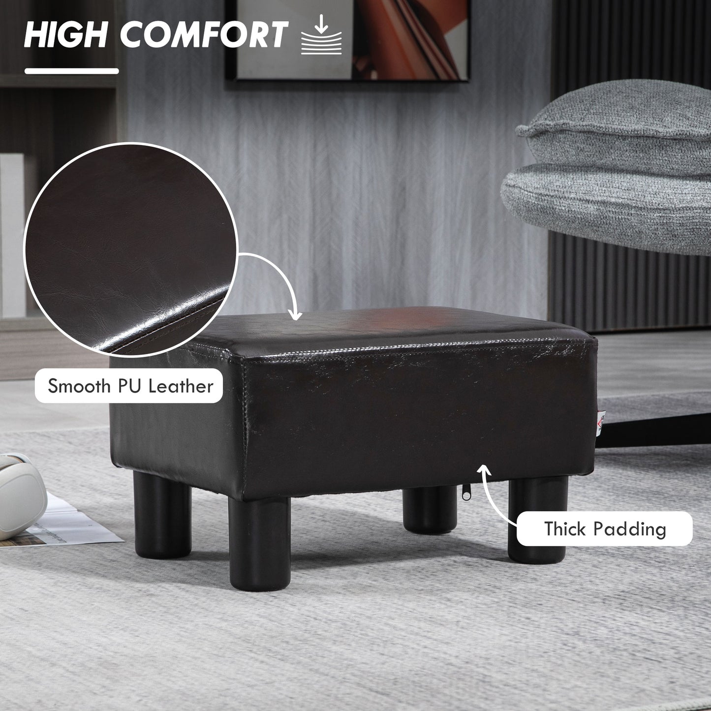 PU Leather Footstool Ottoman Cube with 4 Plastic Legs, Brown