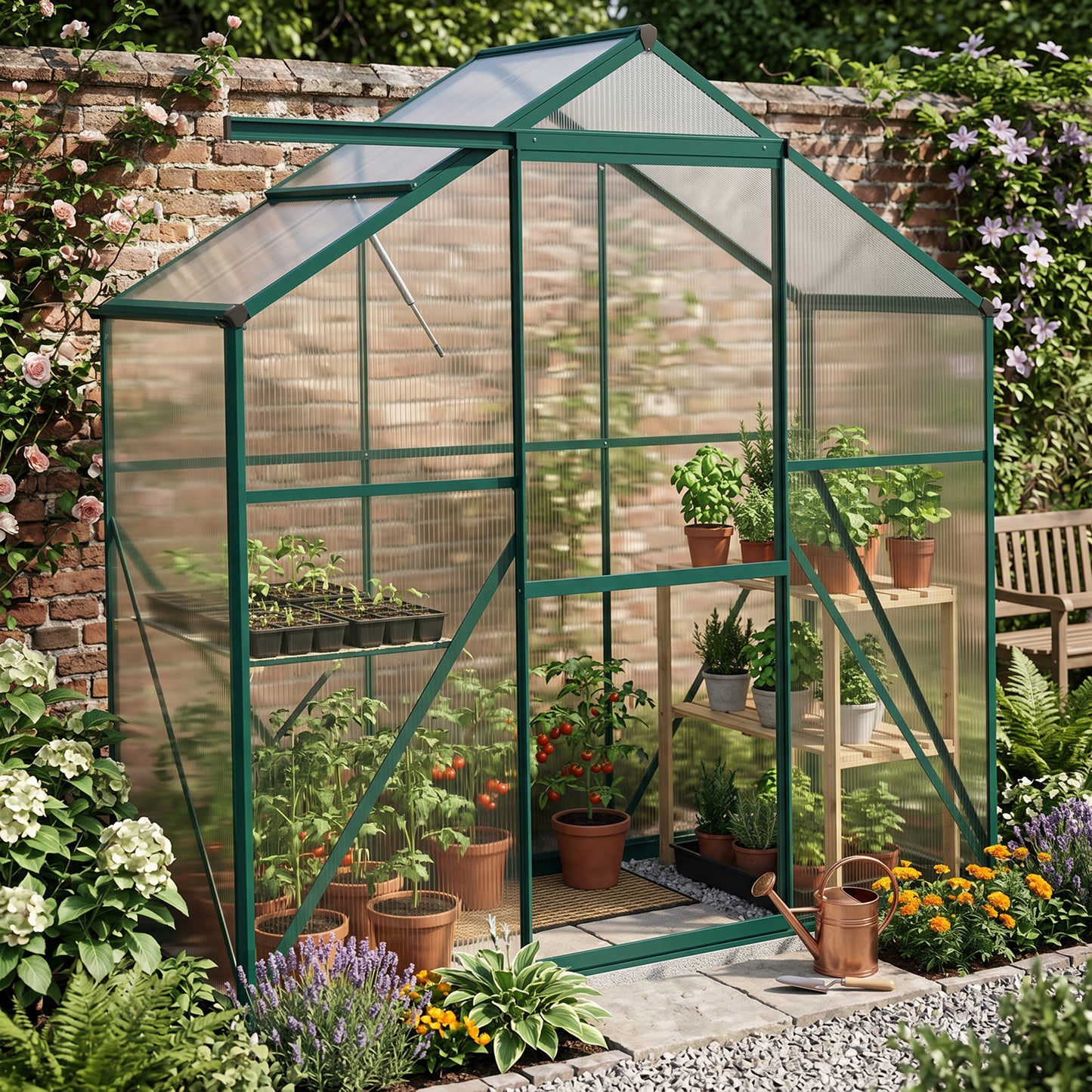 6 x 2.5ft Polycarbonate Greenhouse Walk-In Green House with Rain Gutter, Sliding Door, Window, Foundation, Green