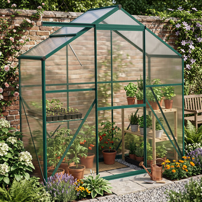 6 x 2.5ft Polycarbonate Greenhouse Walk-In Green House with Rain Gutter, Sliding Door, Window, Foundation, Green