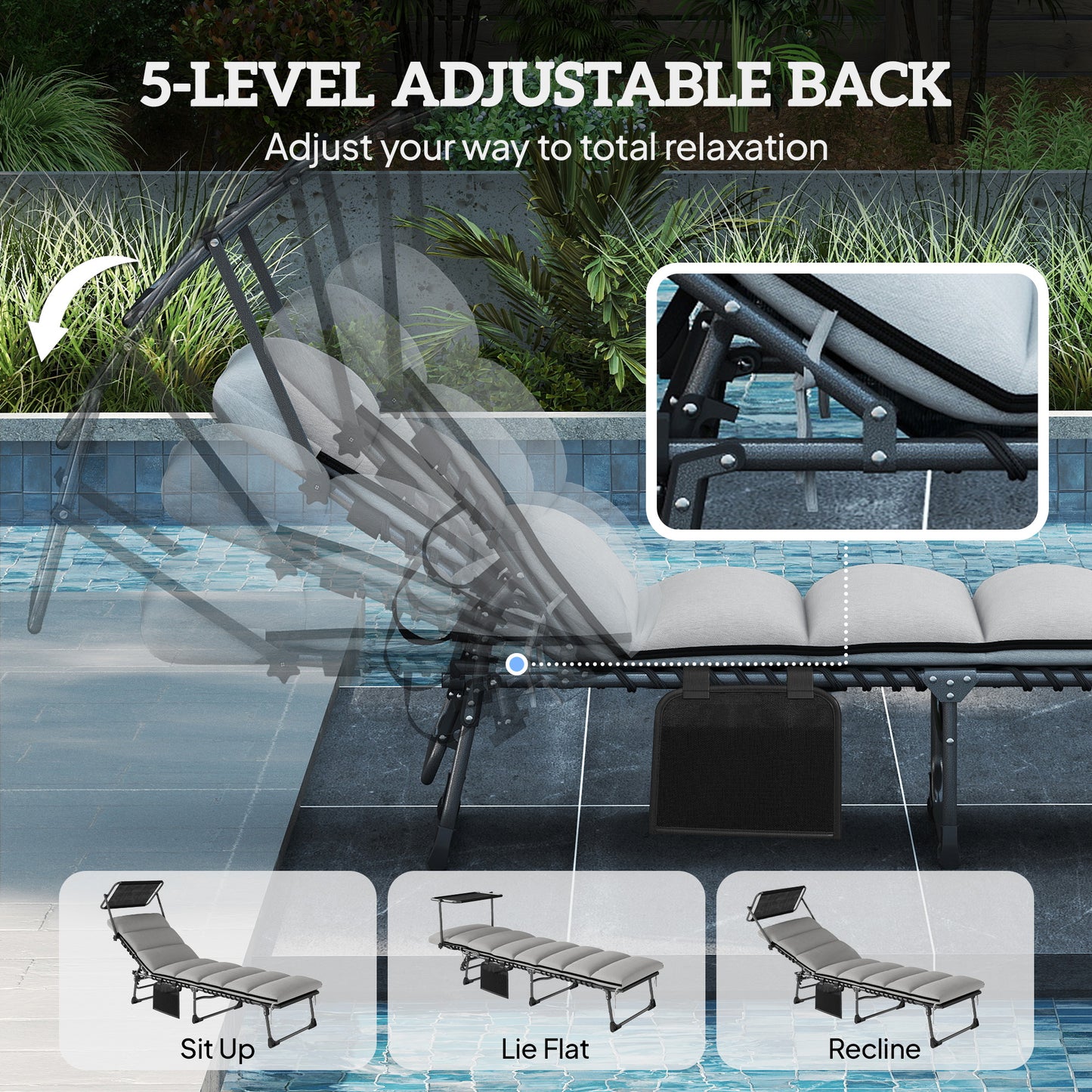 Folding Sun Lounger with Canopy, Reclining Sunbed with Cushion, Side Pocket, Carrying Handle, Light Grey
