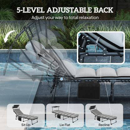 Folding Sun Lounger with Canopy, Reclining Sunbed with Cushion, Side Pocket, Carrying Handle, Light Grey