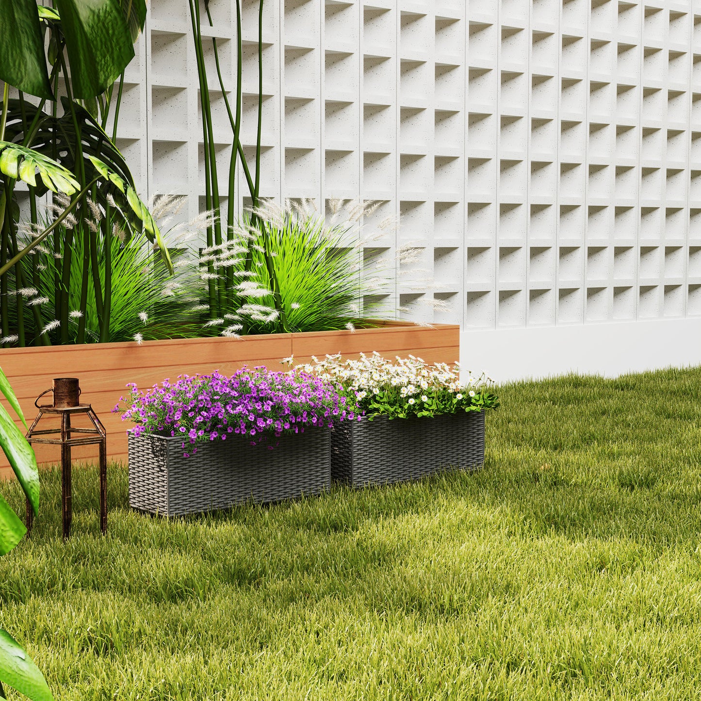 Set of Two Rattan-Effect Planters - Grey