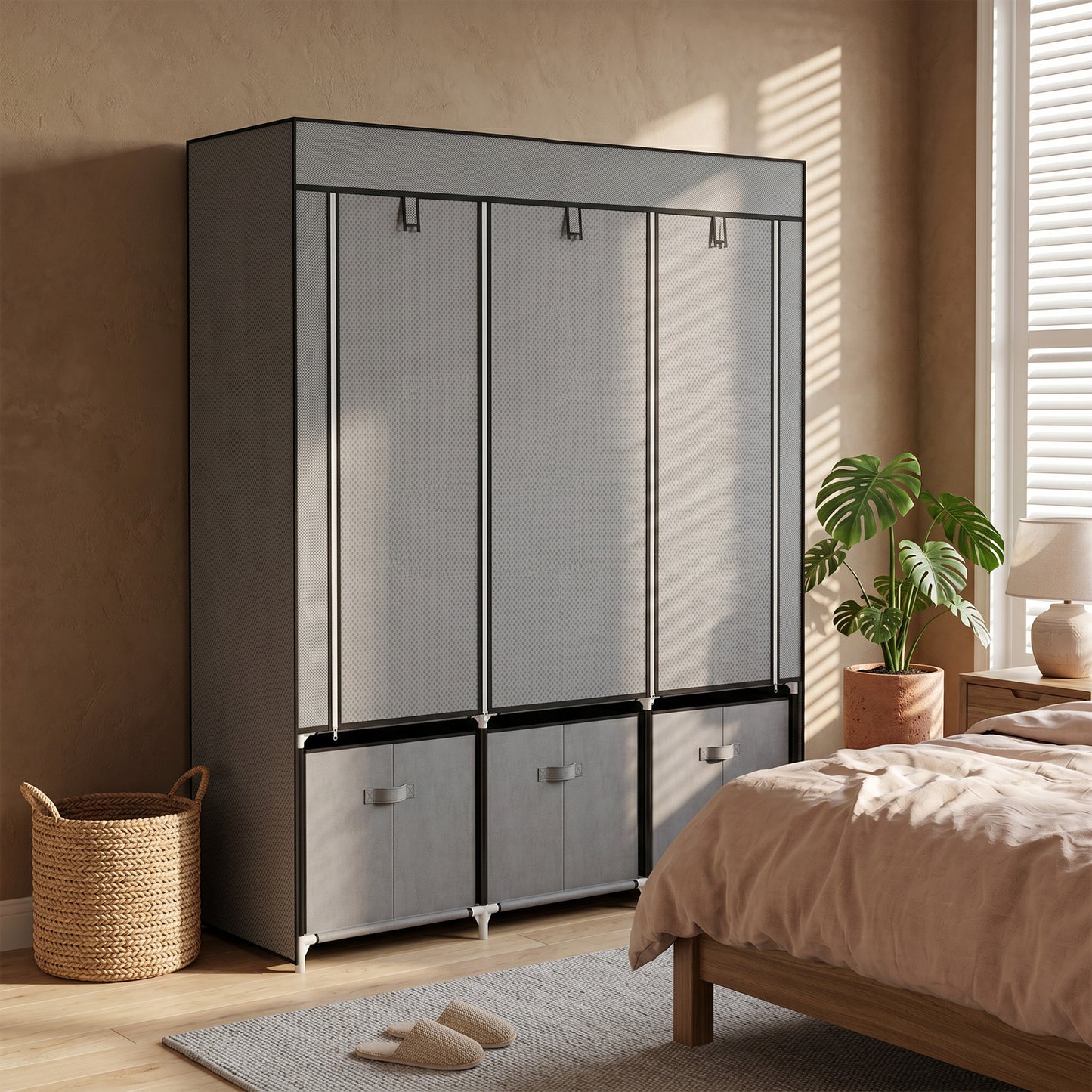 Foldable Fabric Wardrobe for Bedroom, Portable Wardrobe with 5 Shelves, 2 Hanging Rails and 3 Fabric Drawers, Dark Grey