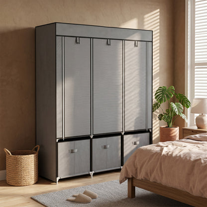 Foldable Fabric Wardrobe for Bedroom, Portable Wardrobe with 5 Shelves, 2 Hanging Rails and 3 Fabric Drawers, Dark Grey