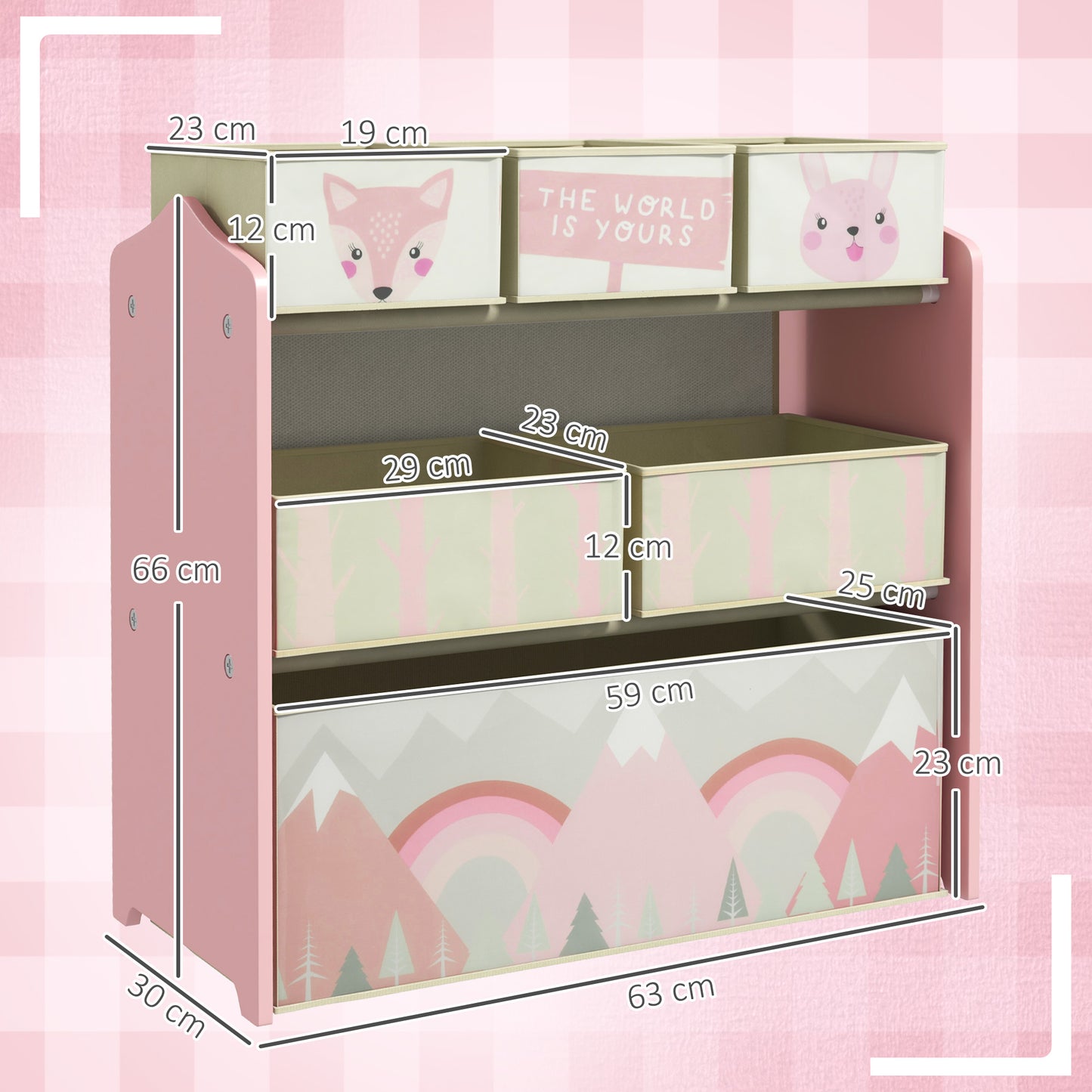 ZONEKIZ Kids Storage Unit, Toy Storage Organiser, with Six Fabric Bins, for Bedrooms, Playrooms, Nurseries - Pink