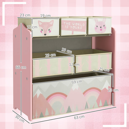 ZONEKIZ Kids Storage Unit, Toy Storage Organiser, with Six Fabric Bins, for Bedrooms, Playrooms, Nurseries - Pink