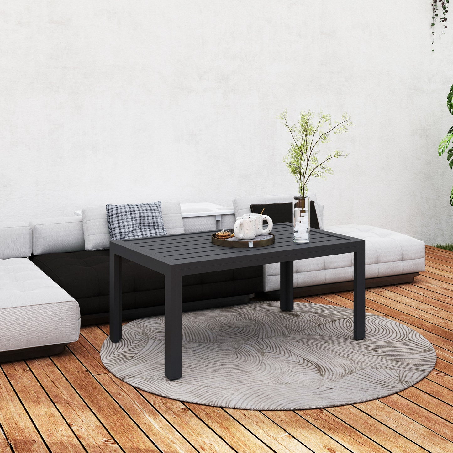 Outdoor Side Table, Rectangular Patio Coffee Side Table with Steel Frame and Slat Tabletop for Garden, Balcony, Grey