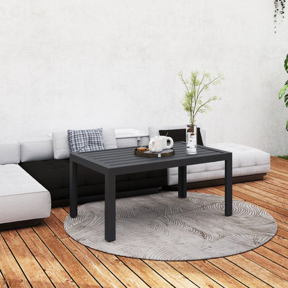 Outdoor Side Table, Rectangular Patio Coffee Side Table with Steel Frame and Slat Tabletop for Garden, Balcony, Grey