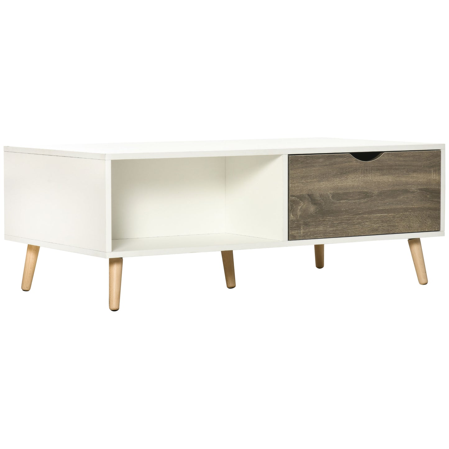 Coffee Table, Modern Tea Table with Open Storage Shelves, Two Drawers and Solid Wood Legs, Coffee Tables for Living Room