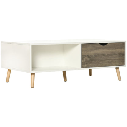 Coffee Table, Modern Tea Table with Open Storage Shelves, Two Drawers and Solid Wood Legs, Coffee Tables for Living Room