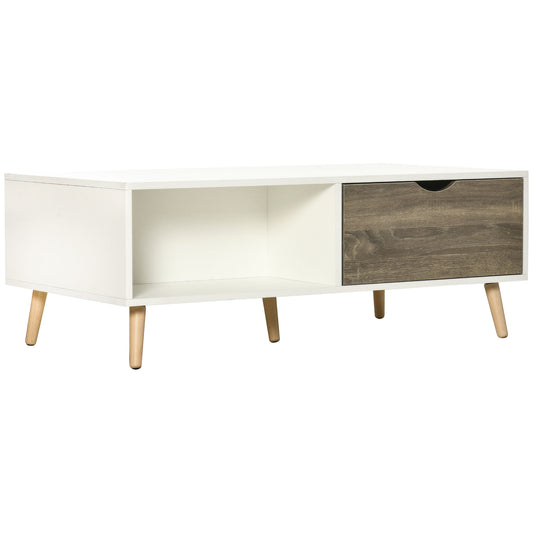 Coffee Table, Modern Tea Table with Open Storage Shelves, Two Drawers and Solid Wood Legs, Coffee Tables for Living Room