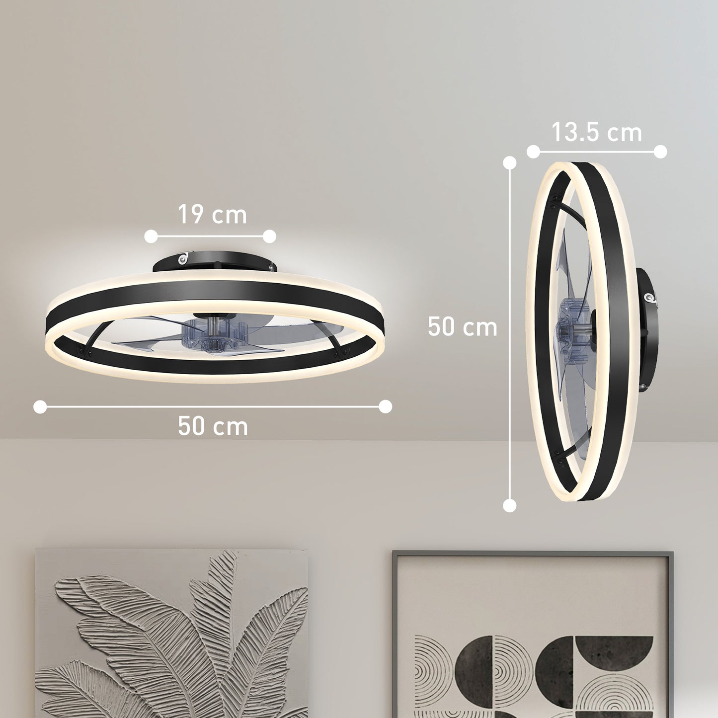 Ceiling Fan with Light and Remote, LED Mount Ceiling Fan with 3 Colour Temperatures, 6 Speed, 50 cm, Black