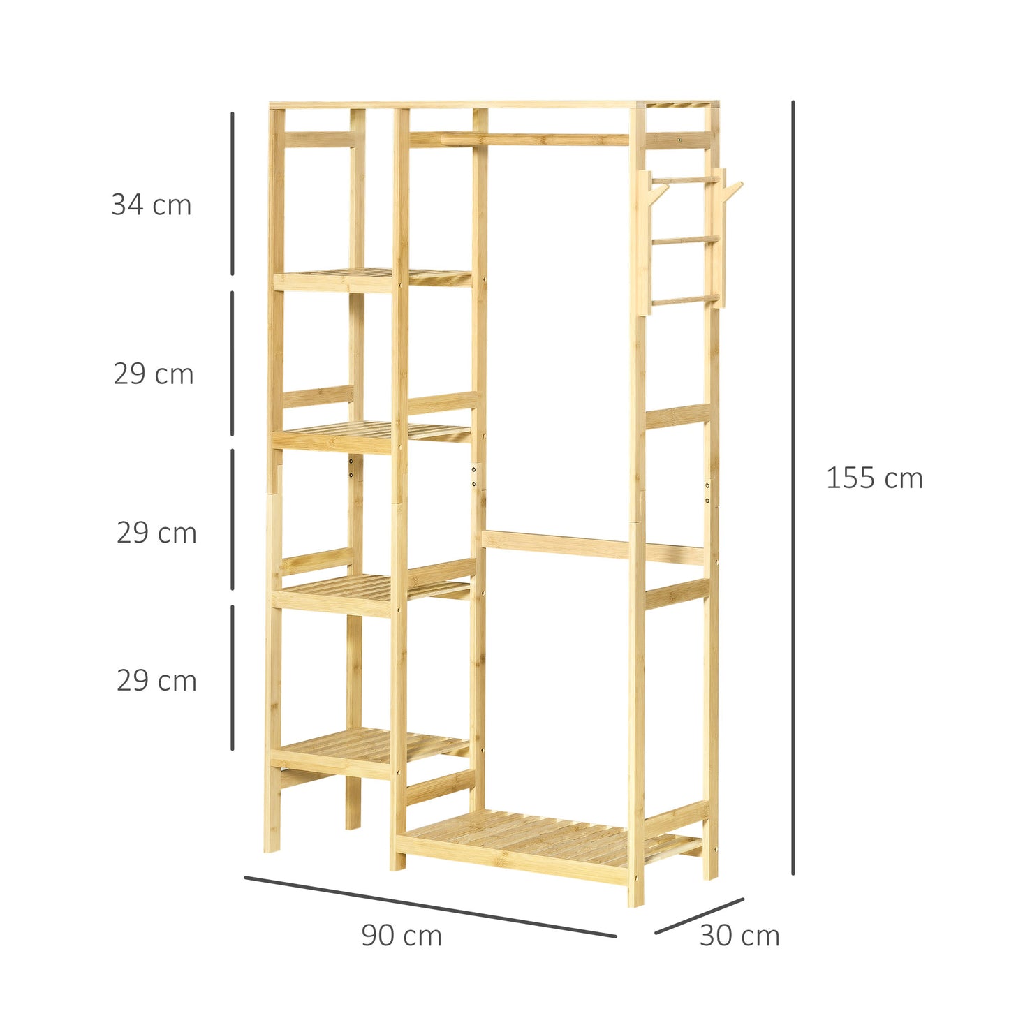 Bamboo Garment Rack, Clothes Rack with Storage Shelf, Hanging Rail and Side Hooks for Entryway, Bedroom, Bathroom and Office