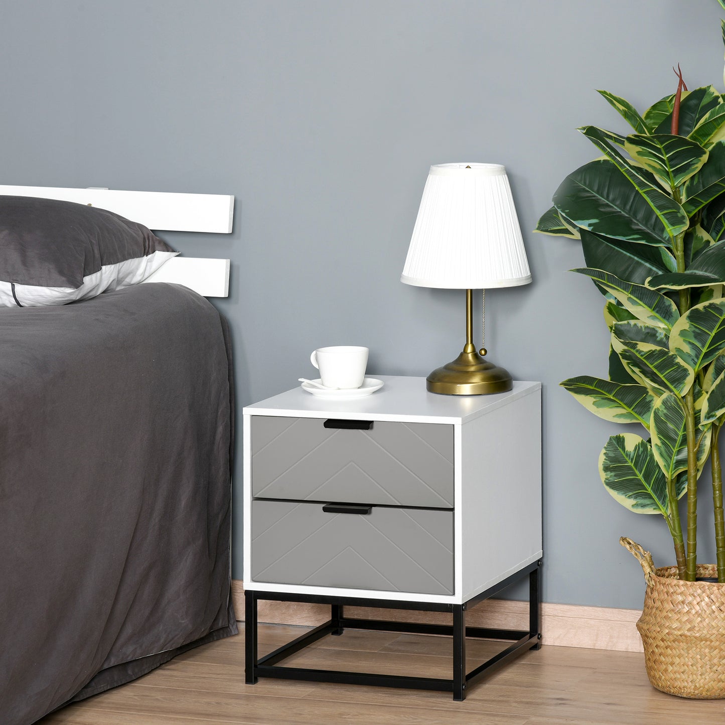Bedside Cabinet with 2 Drawer Storage Unit, Unique Shape Bedroom Table Nightstand with Metal Base, for Living Room