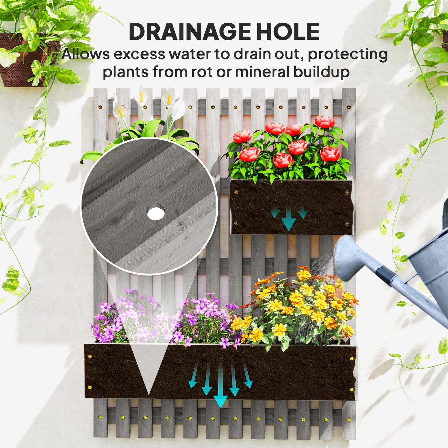 Wall-mounted Wooden Garden Planters with Trellis, Drainage Holes and 3 Planter Boxes for Patio, Grey