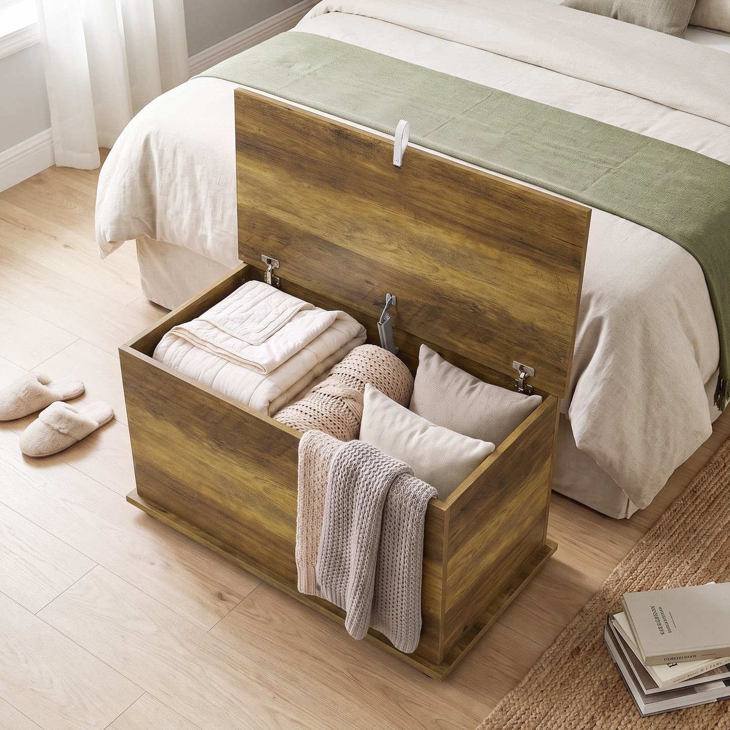 Storage Chest, 102L Blanket Box, Shoe Bench Safety Hinged Lid, Bed End Bench for Bedroom, 80 x 40 x 45cm, Brown