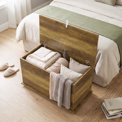 Storage Chest, 102L Blanket Box, Shoe Bench Safety Hinged Lid, Bed End Bench for Bedroom, 80 x 40 x 45cm, Brown