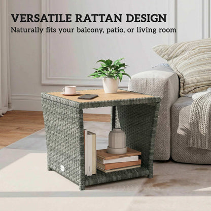 Side Table 2-Tier Outdoor Coffee Table with Storage Shelf PS Wood Slat Top/Light Grey