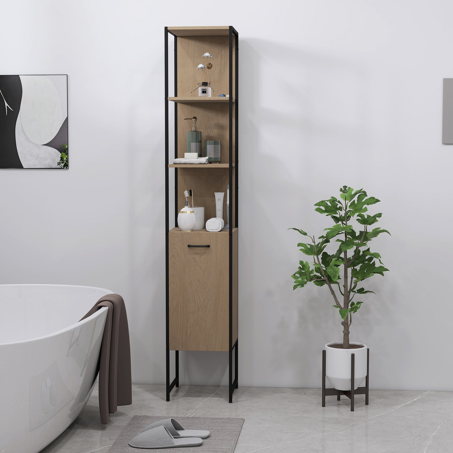Tall Bathroom Cabinet with Open Shelves and Adjustable Shelf - Natural Wood Finish