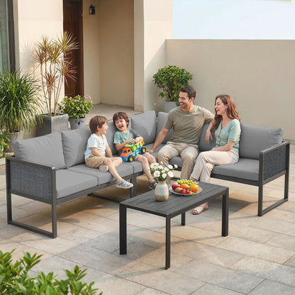 6 Seater Metal Garden Furniture Corner Sofa Set with 3 Loveseats, Faux Wood Table, Texteline Seat, Cushions, Dark Grey