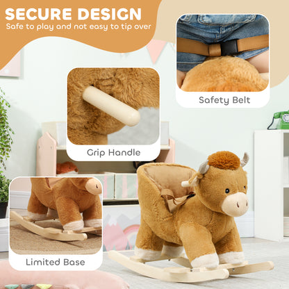 Baby Rocking Horse with Safety Belt, Wood Base, Animal Rocker for Children, Brown