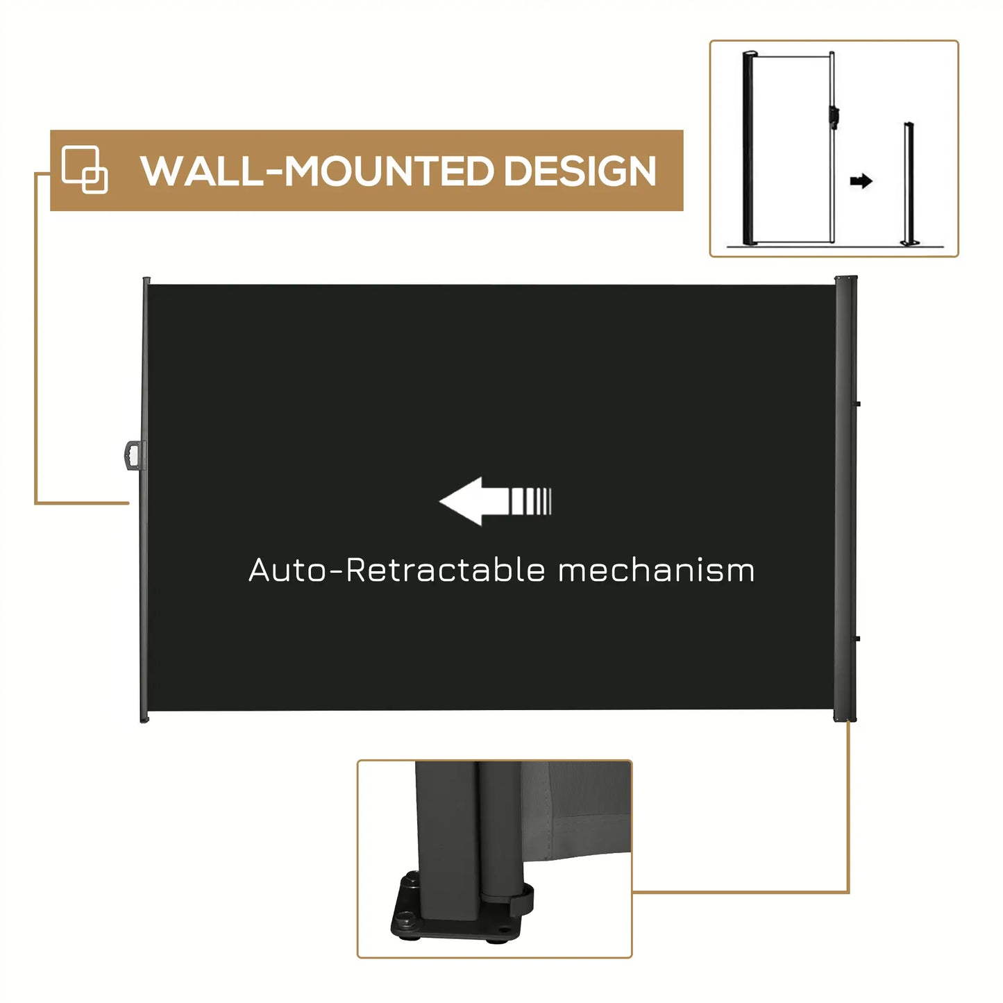 Retractable Side Sun Awning / Outdoor Privacy Screen - (3 x 2) - Black