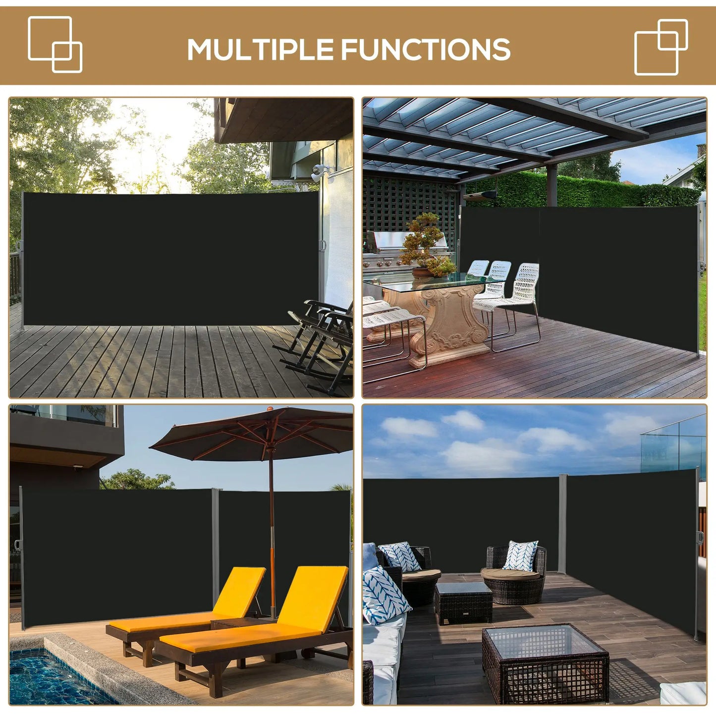 Retractable Side Sun Awning / Outdoor Privacy Screen - (3 x 2) - Black