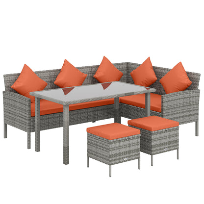 6-Seater Rattan Dining Set Sofa Table Footstool Outdoor w/ Cushion Garden Furniture, Orange