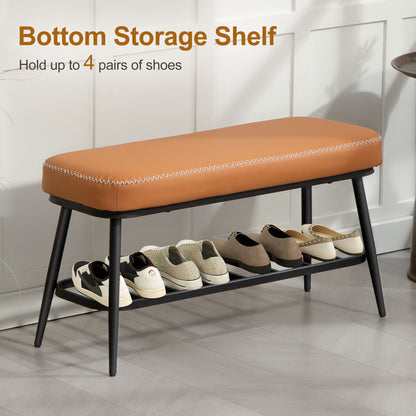 PU Leather Shoe Storage Bench - Brown