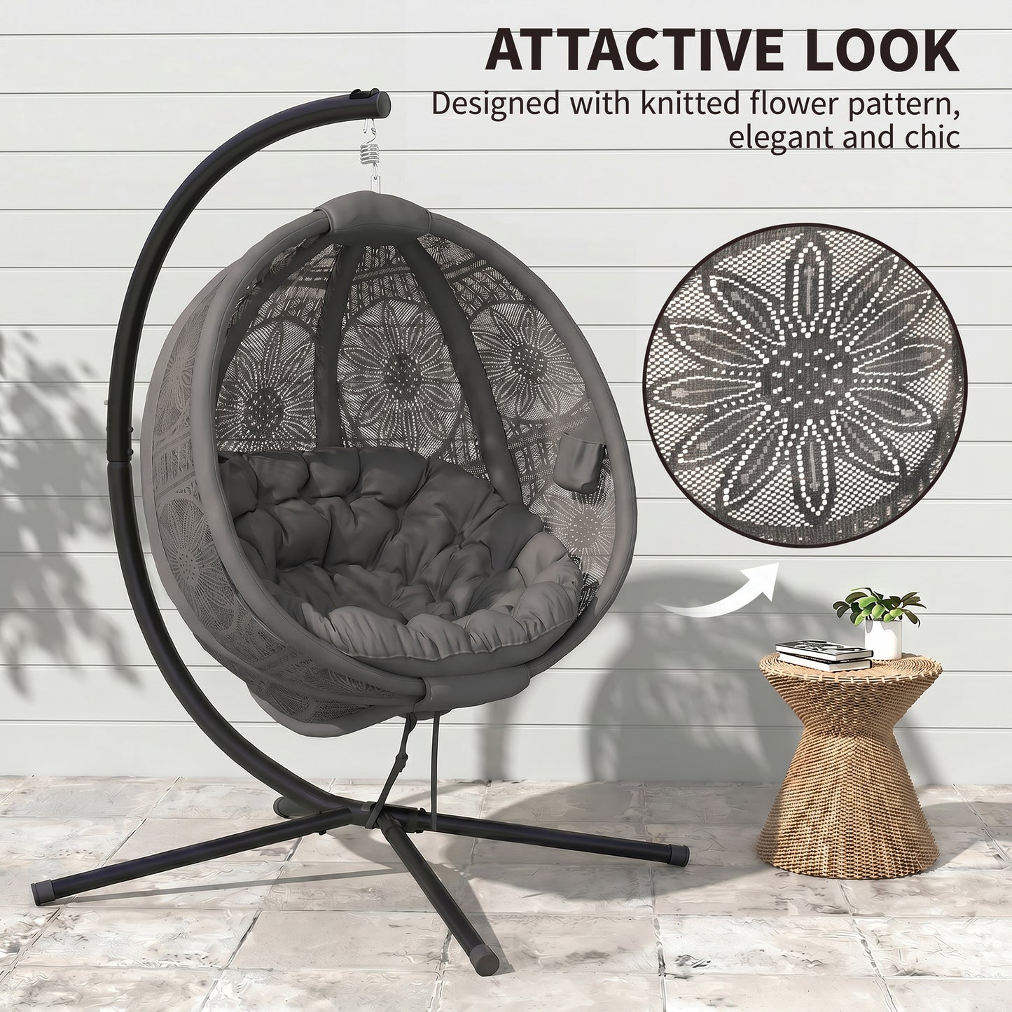 Round Egg Basket Chair, with Steel Stand, Charcoal Grey