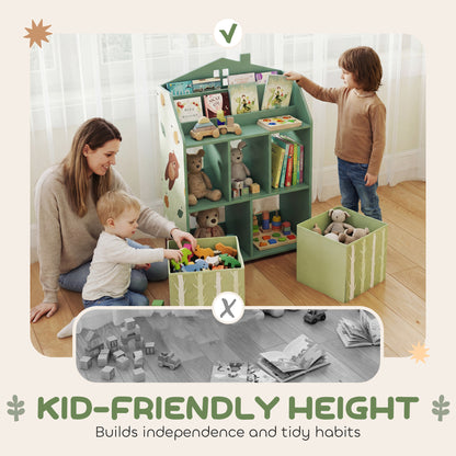 Kids Bookshelf with Storage, Toy Storage Unit with Book Display, Shelves and Fabric Drawers for Playroom Nursery, Green