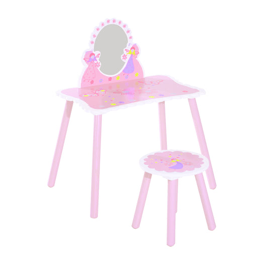 Kids Dressing Table Girls Pink Wooden Kids Dressing Table & Stool Make Up Desk Chair Toys Fairy Dresser Play Set w/Mirror
